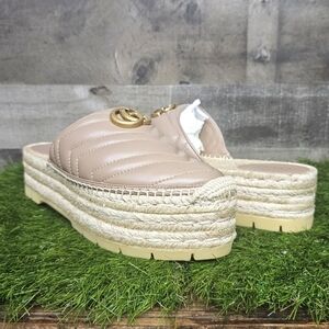 GUCCI Charlotte Matelasse gold GG Marmont logo platform espadrille jute mule